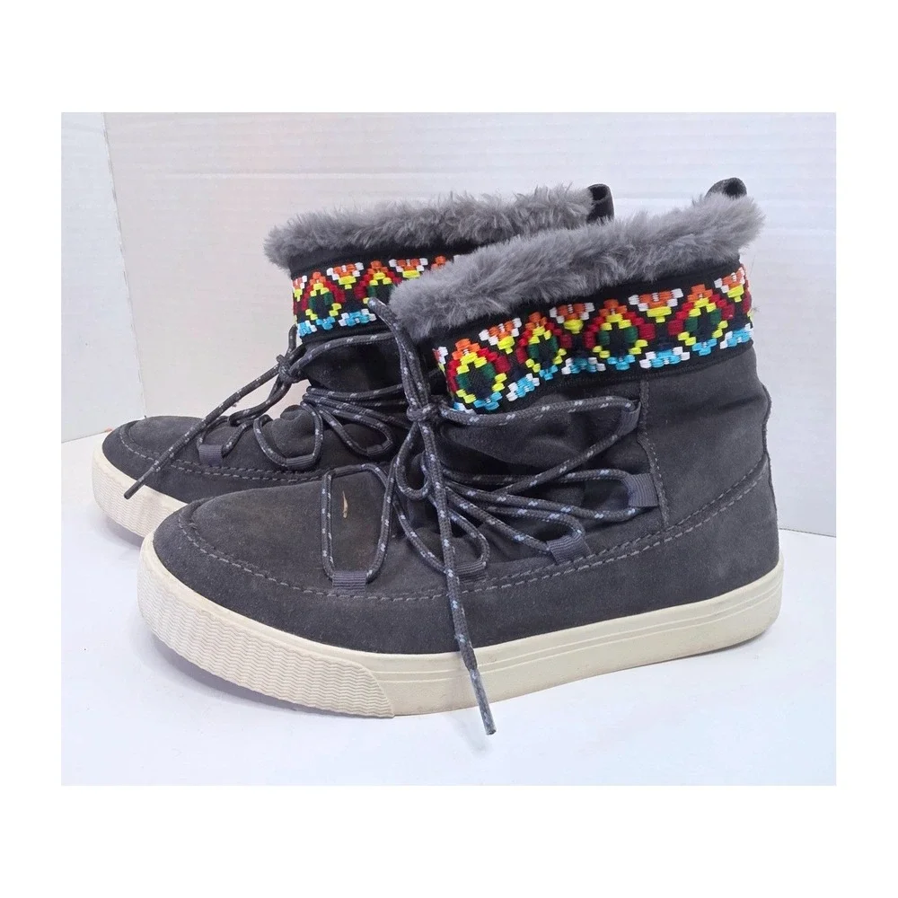 TOMS Alpine Grey Suede Faux‎ Fur Embroidered Lace Up Boots Womens SZ 8.5
